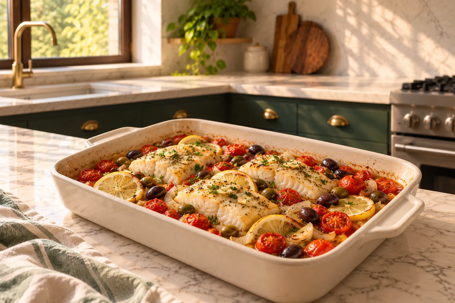 Baked white fish with tomatoes and olives.