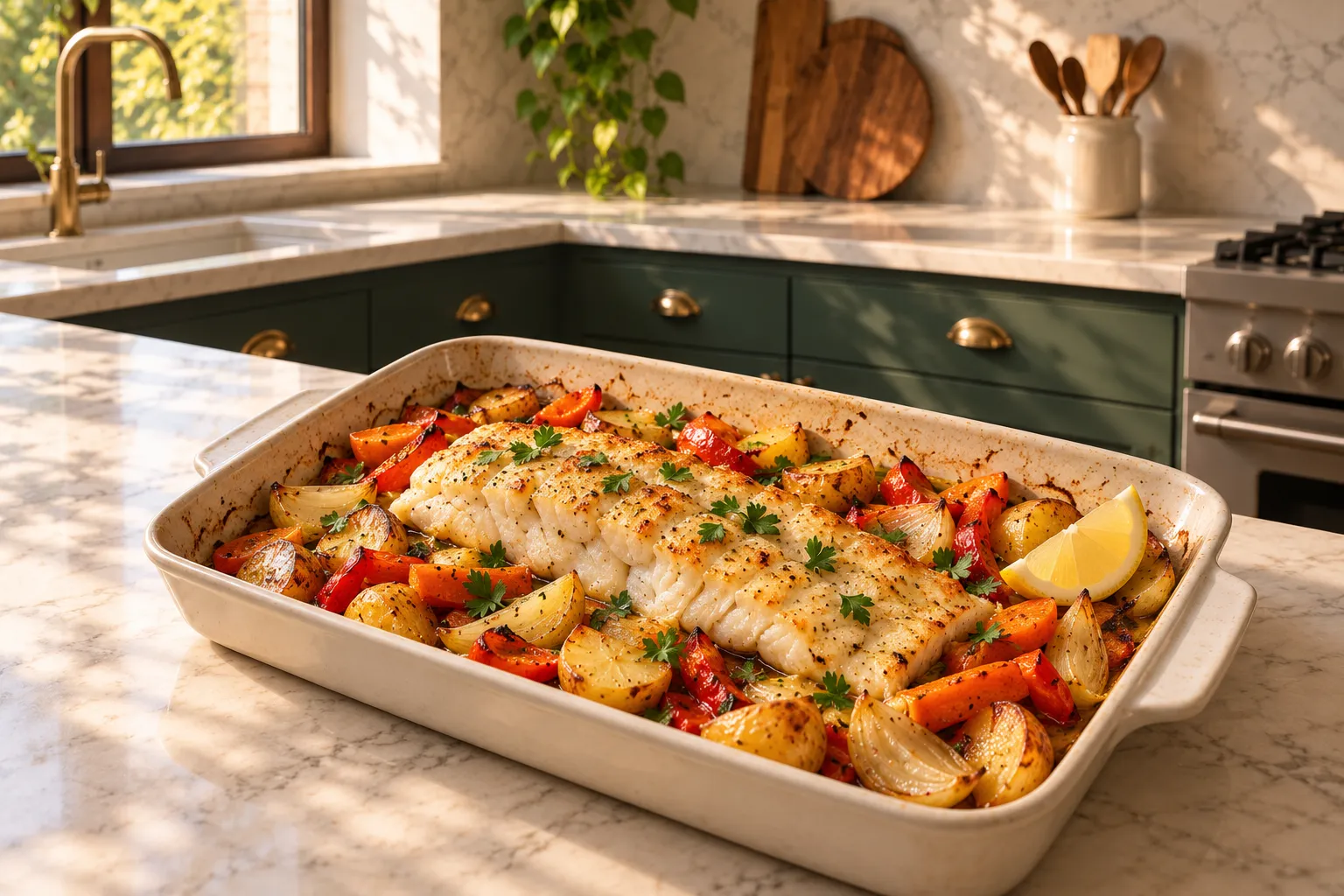 Baked white fish with potatoes and vegetables.