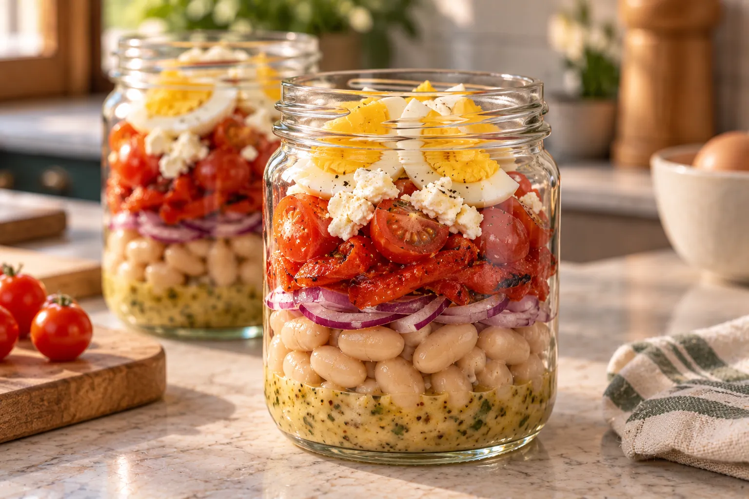 Layered bean, egg, roasted pepper, tomato and feta salad in glass jars.