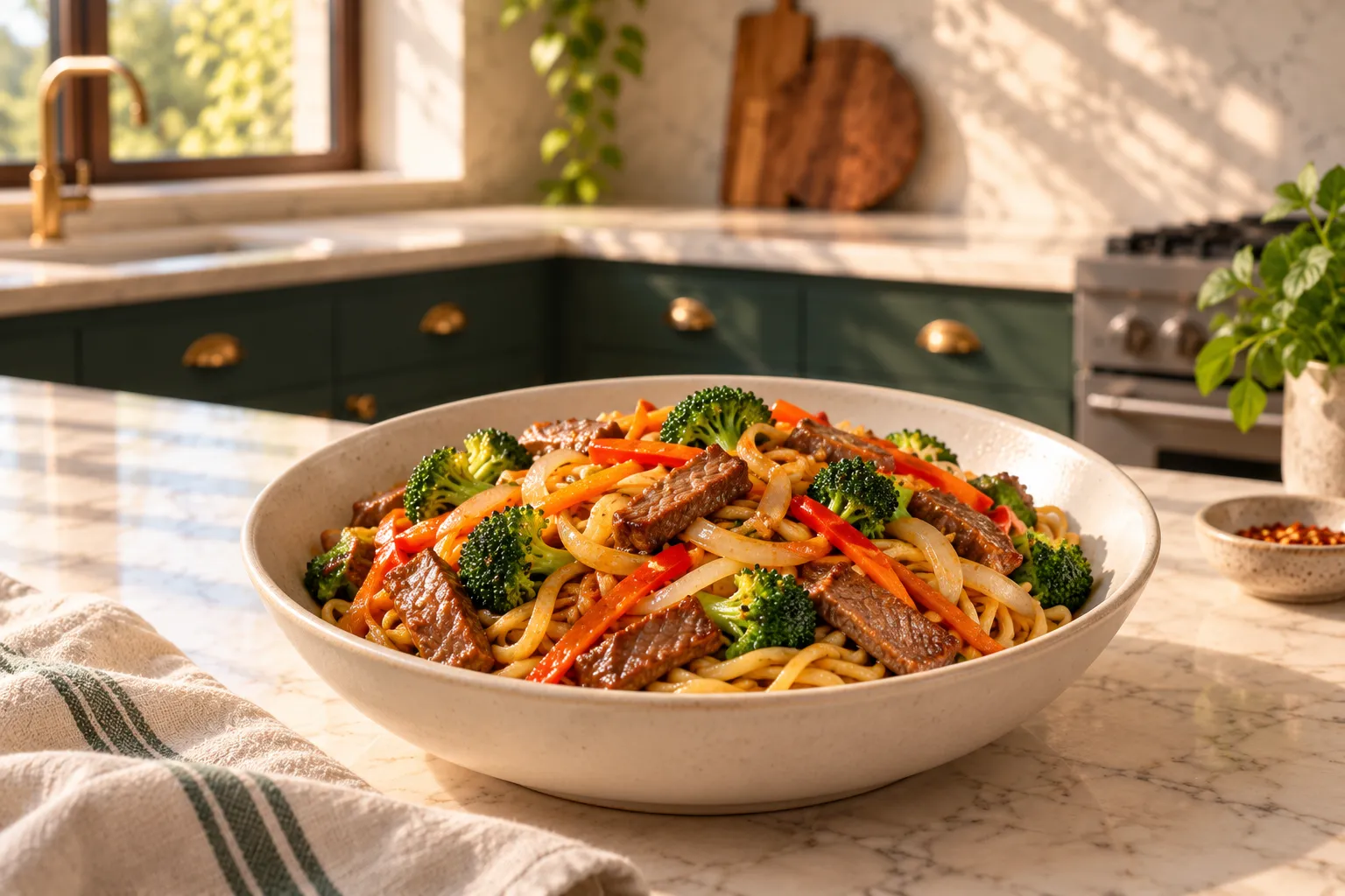 Beef and vegetable noodles.