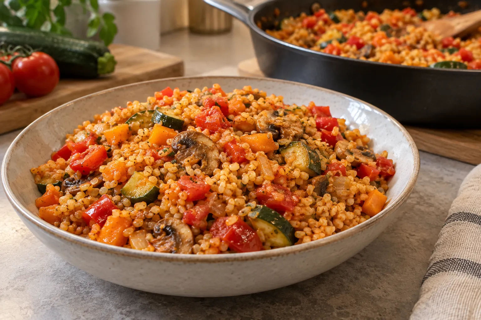 Bulgur with peppers, zucchini, mushrooms and tomatoes.