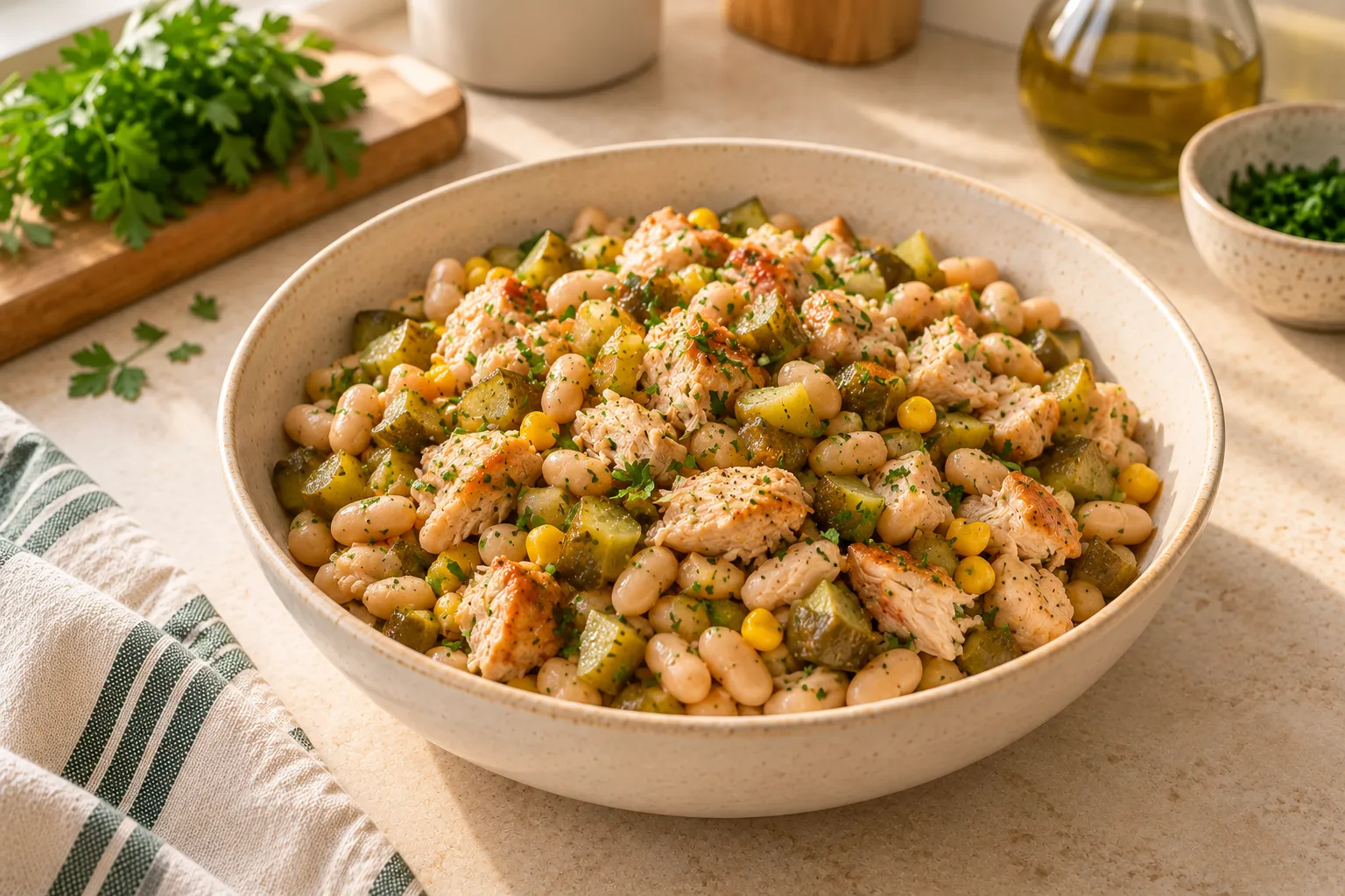 Chicken and bean salad with pickles and parsley.