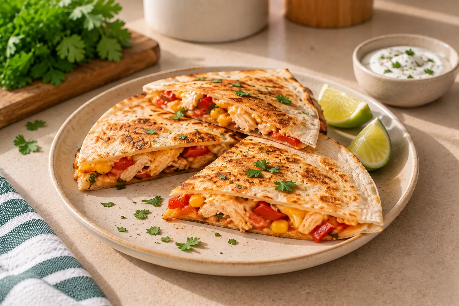 Chicken and cheese quesadillas.