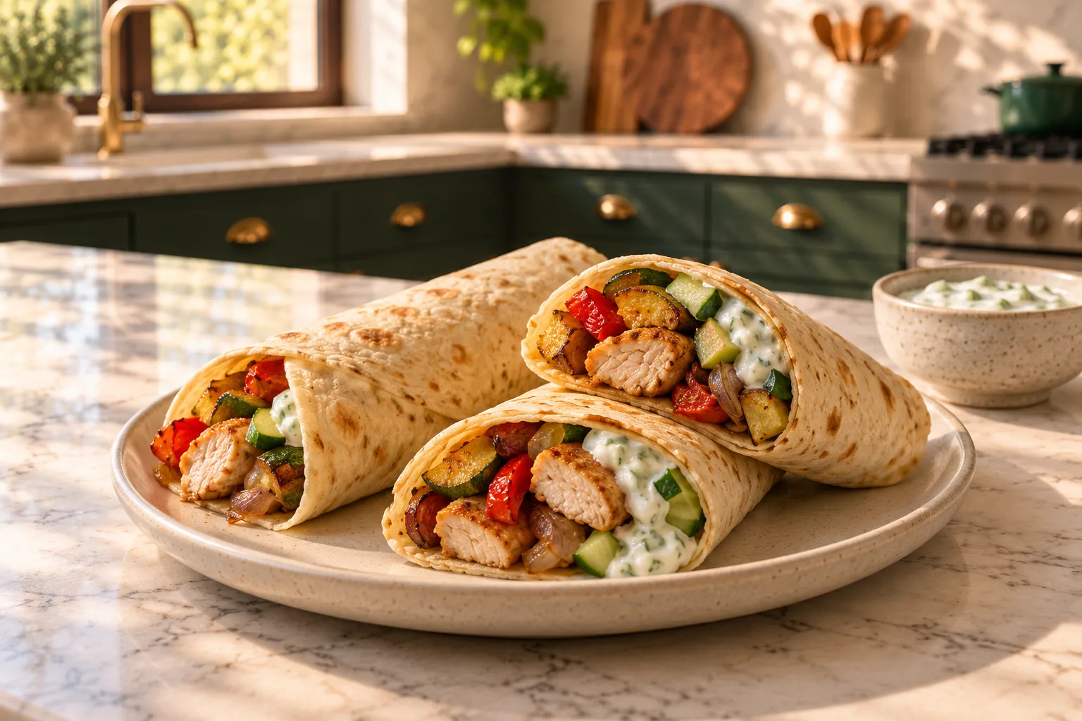 Chicken wraps with roasted vegetables and yogurt sauce.