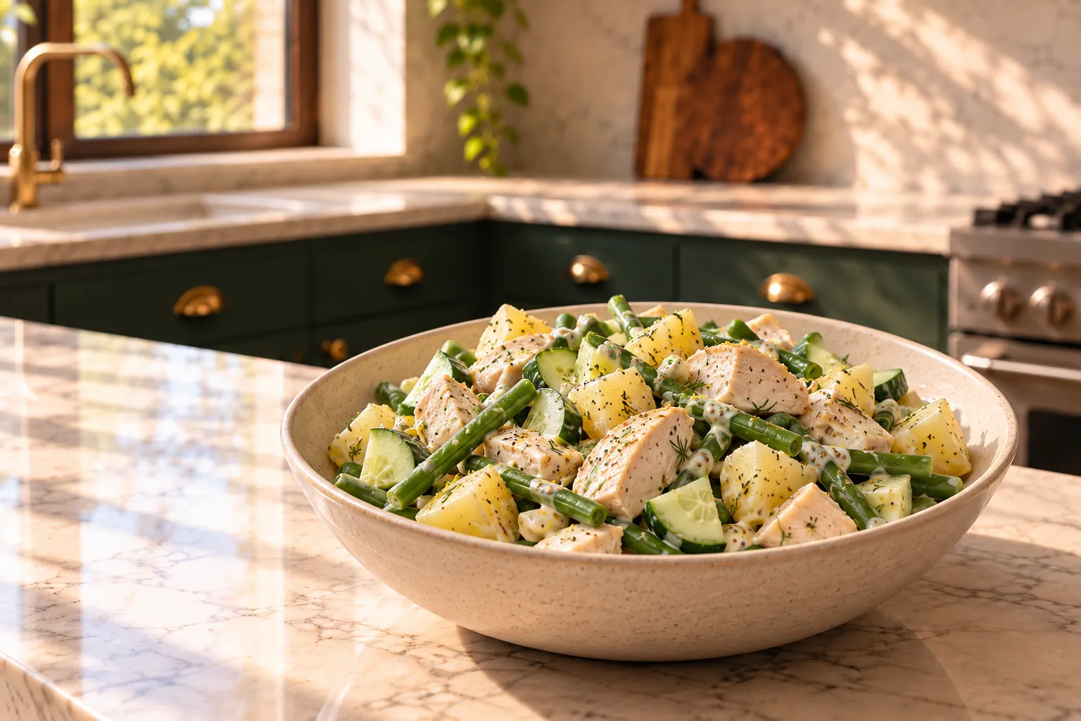 Chicken salad with potatoes, green beans and cucumber.