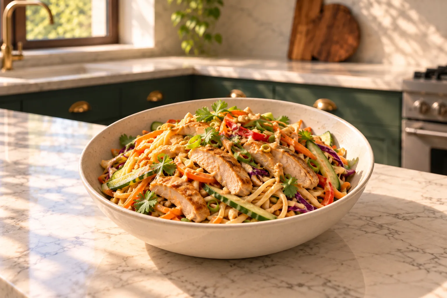 Chicken and vegetable noodle salad with peanut dressing.