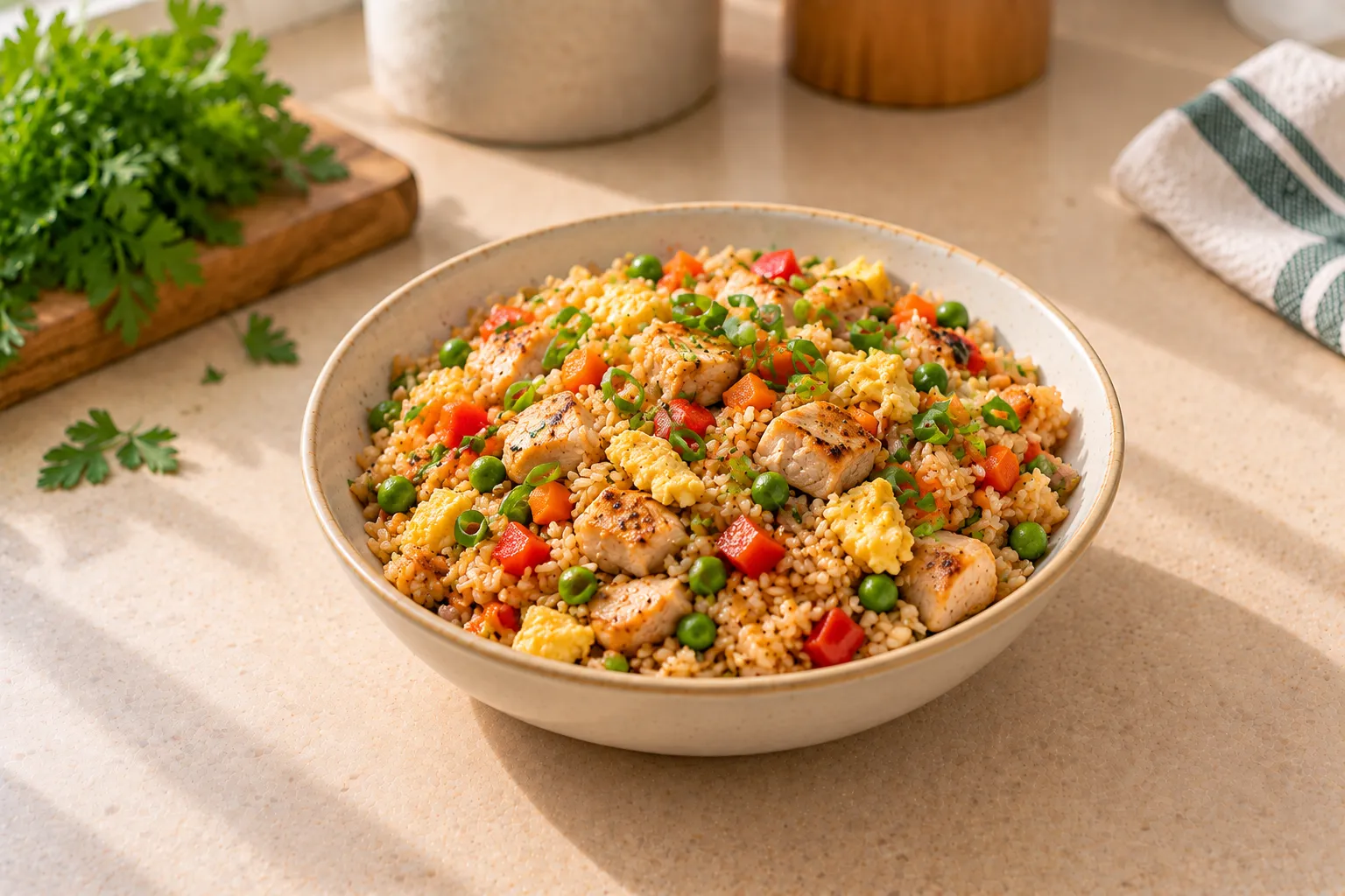 Chicken and vegetable fried rice.