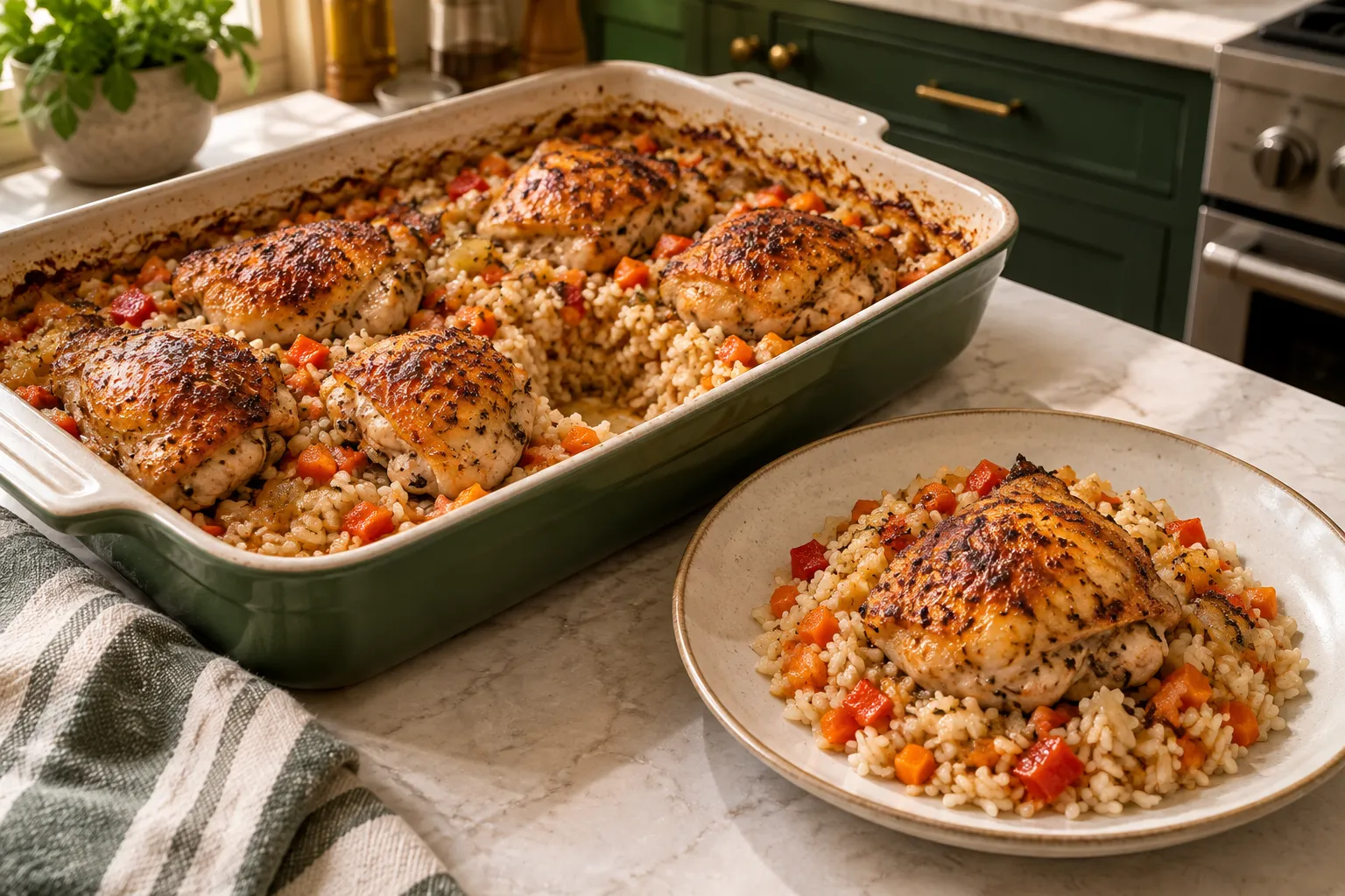 Chicken thighs baked with rice and vegetables.