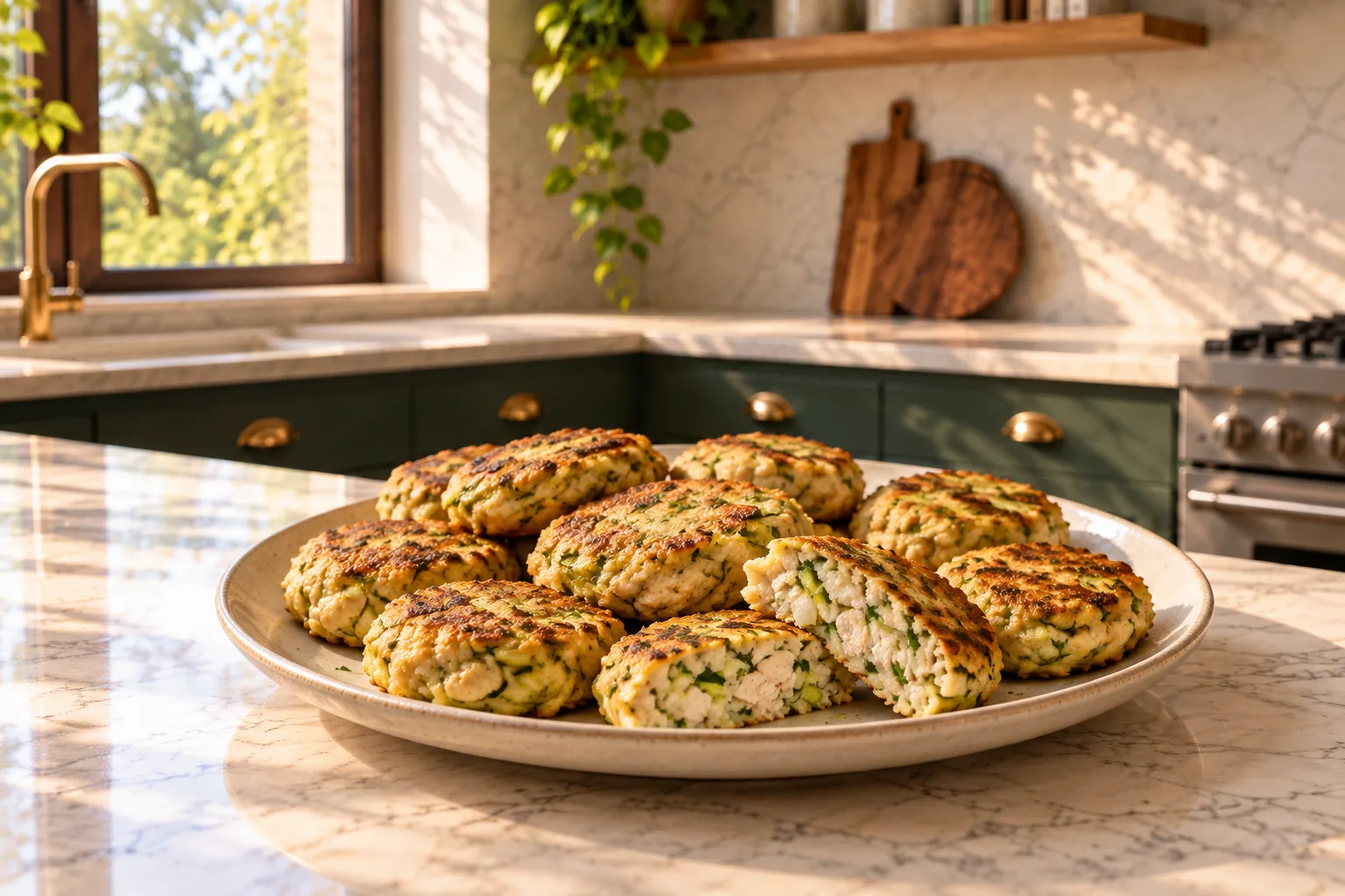 Baked chicken and zucchini patties.
