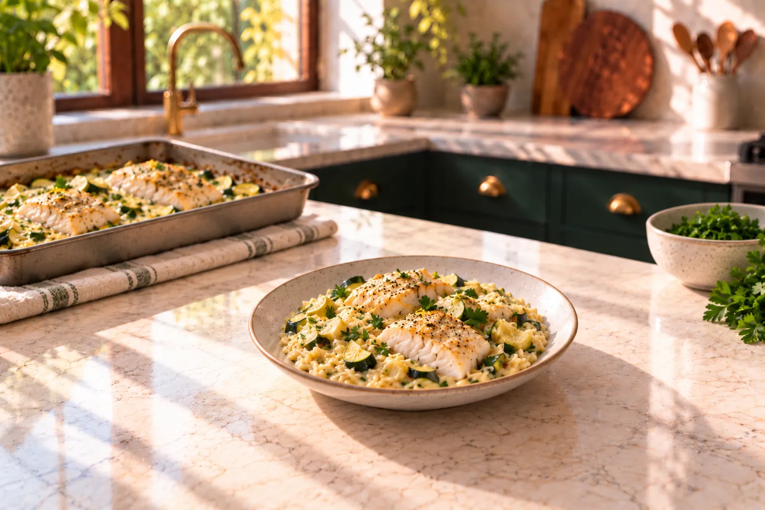 Roasted salmon over creamy orzo and zucchini on a plate.