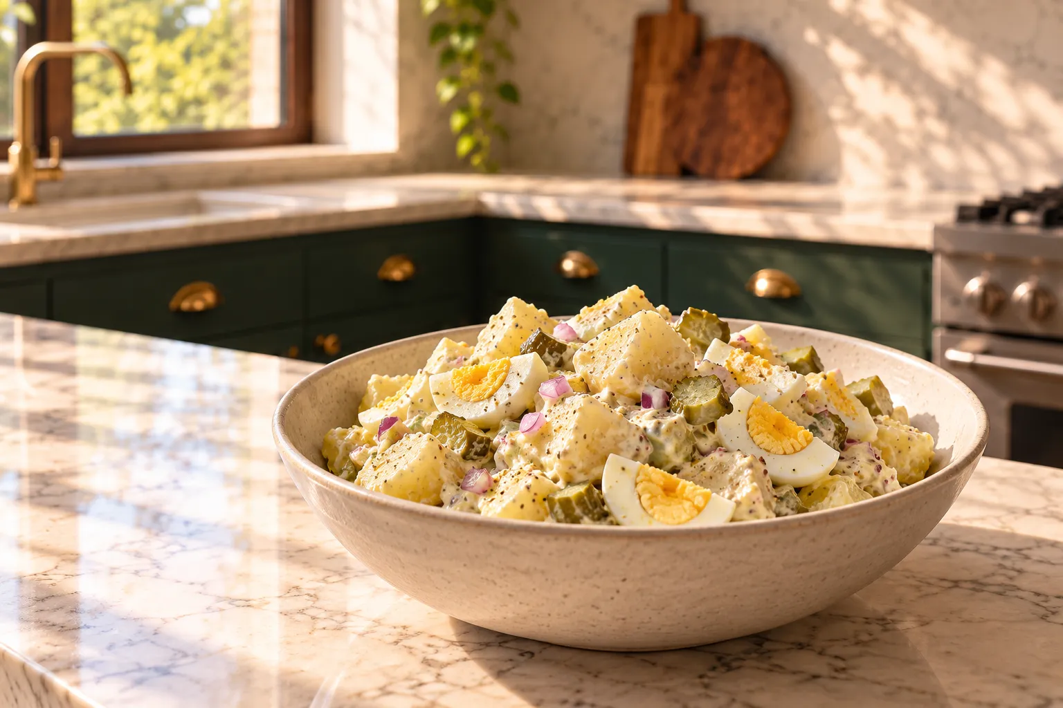 Creamy potato and egg salad with pickles and onion in a bowl.