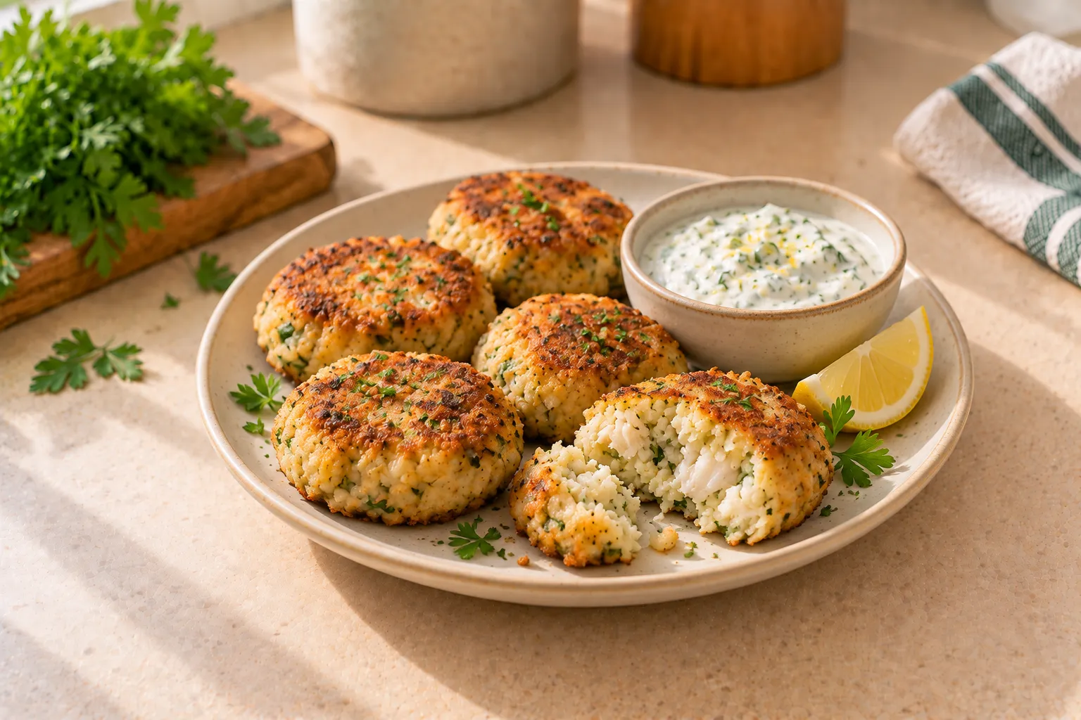 Fish cakes with yogurt lemon sauce.