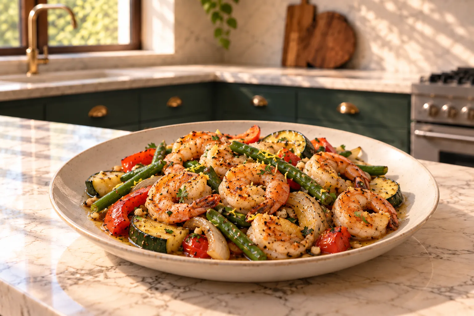 Garlic shrimp with vegetables.