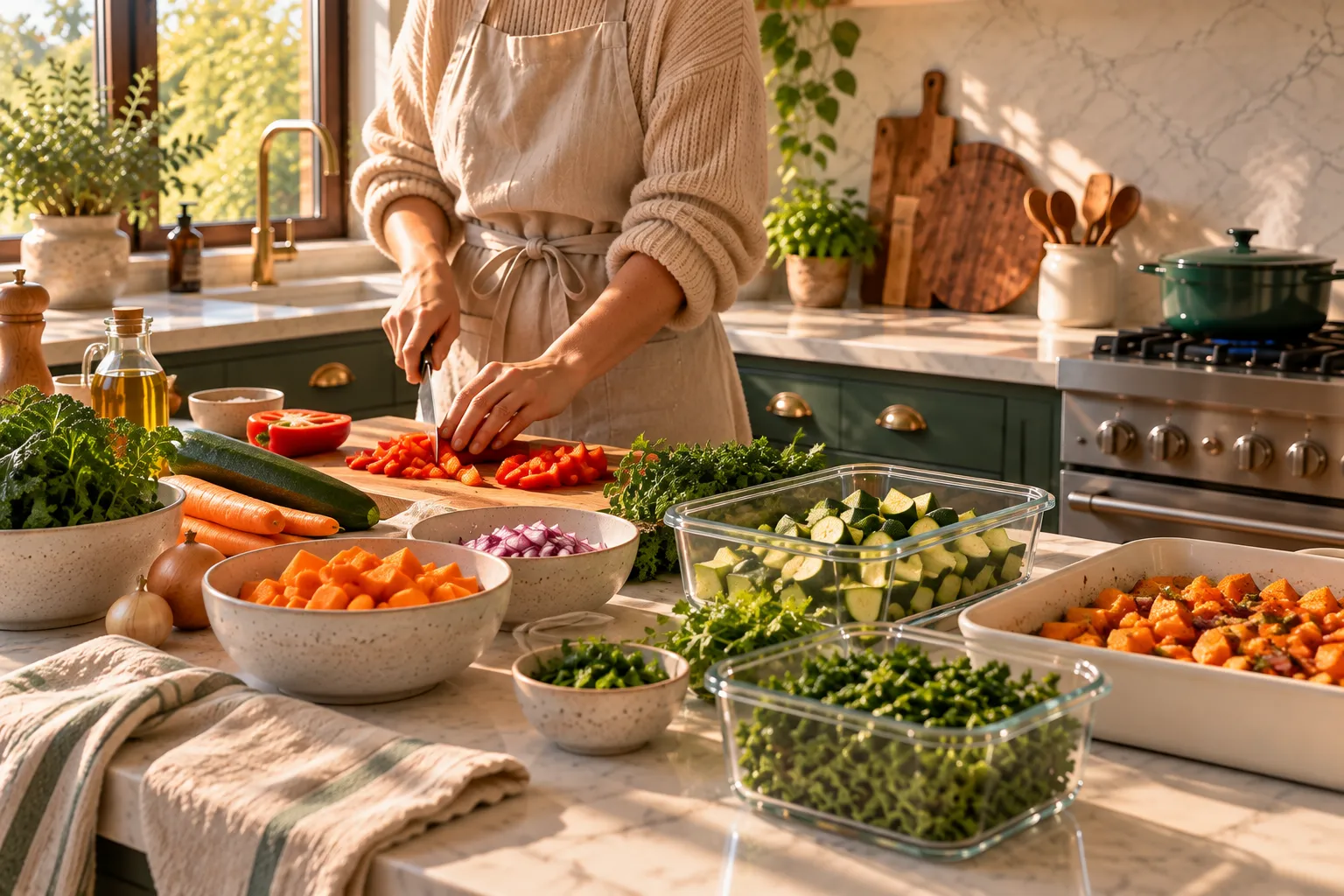 A person chopping peppers beside bowls and containers of prepared vegetables.
