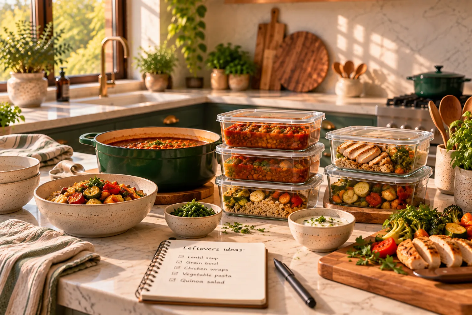 A pot, prepared meal containers and plated dishes arranged on a counter.