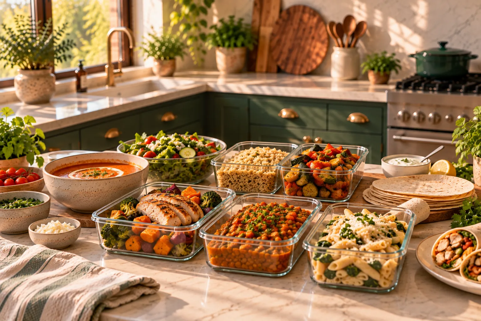 Several different prepared meals and ingredients in glass containers.
