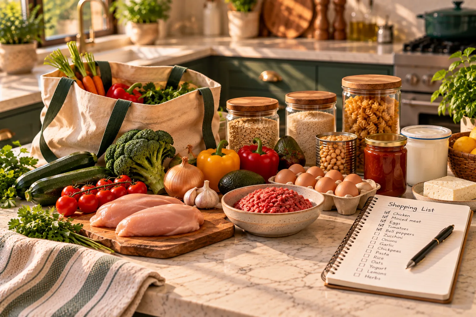 Groceries arranged beside a handwritten shopping list.