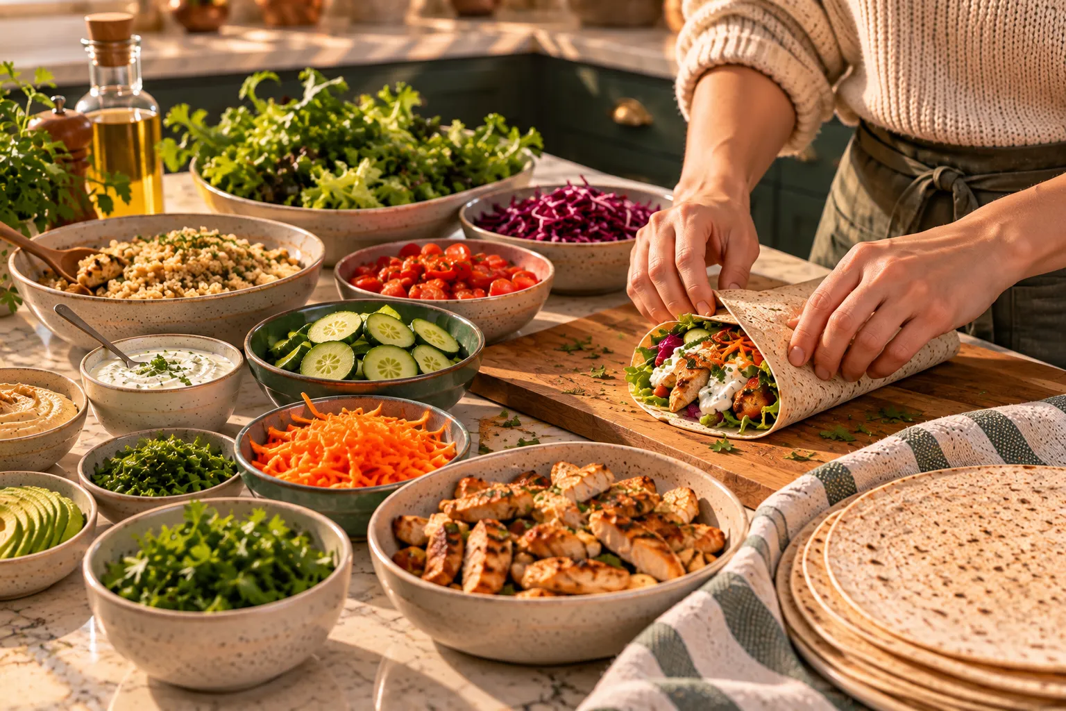 A person assembling a wrap from prepared vegetables and chicken.