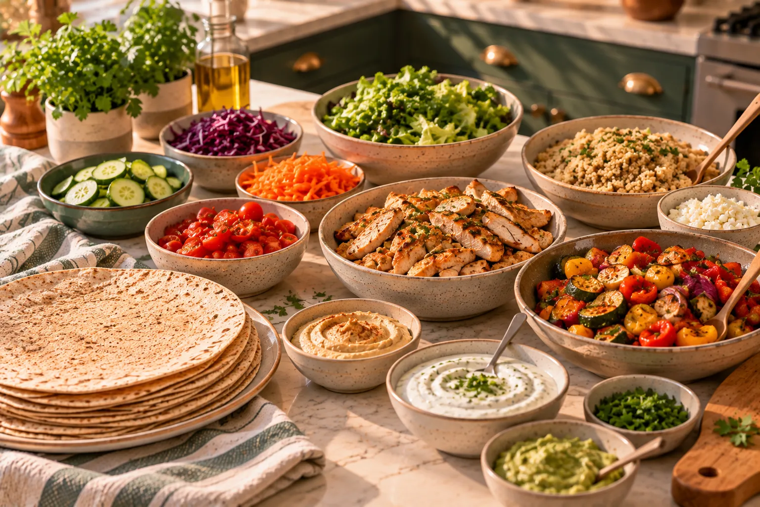 Cooked chicken, vegetables, grains and wraps laid out for assembly.