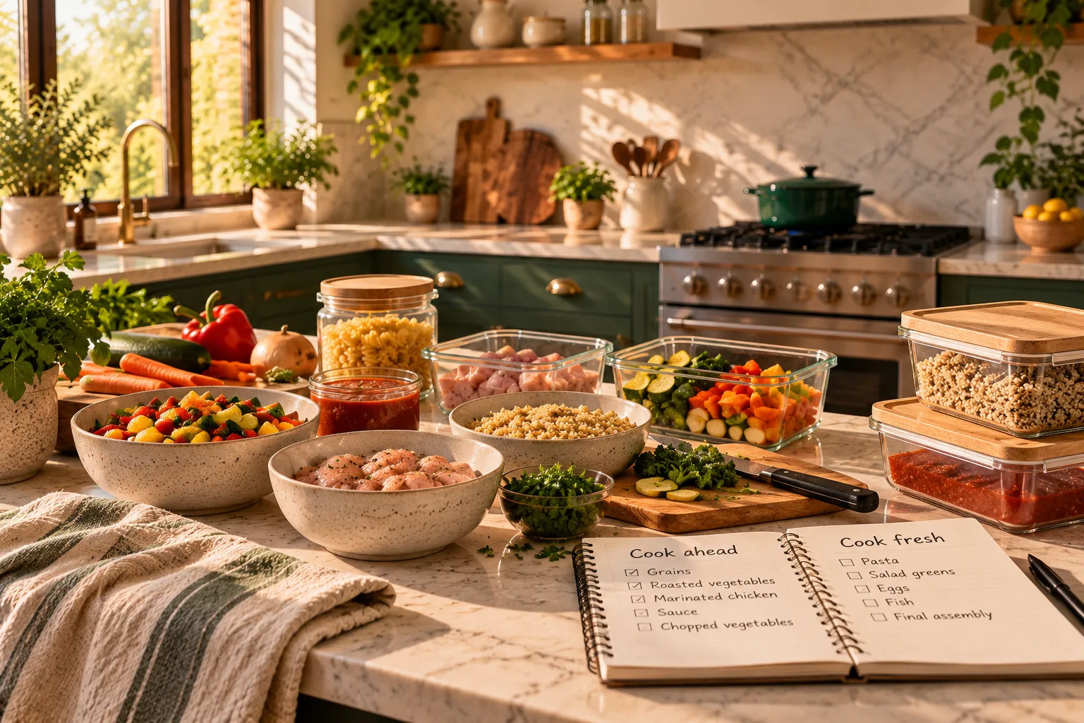 Prepared ingredients beside a notebook dividing cook-ahead and fresh tasks.