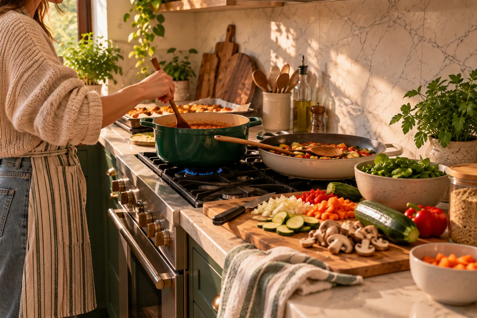 A person stirring a pot beside chopped vegetables and another pan.