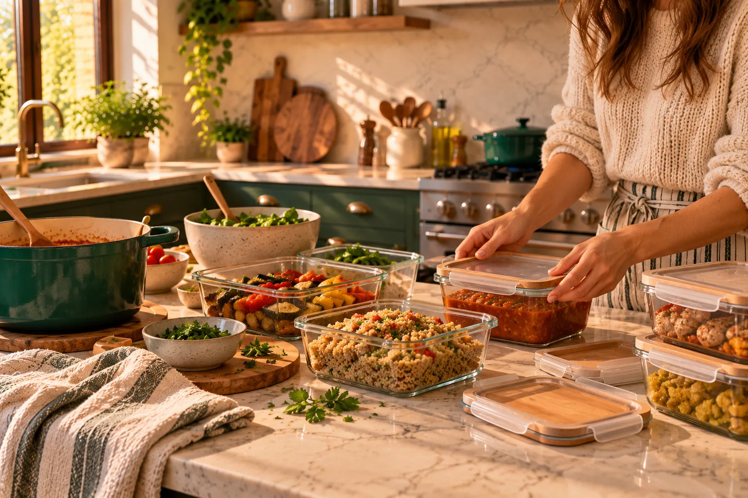 A person sealing a container among several prepared dishes.