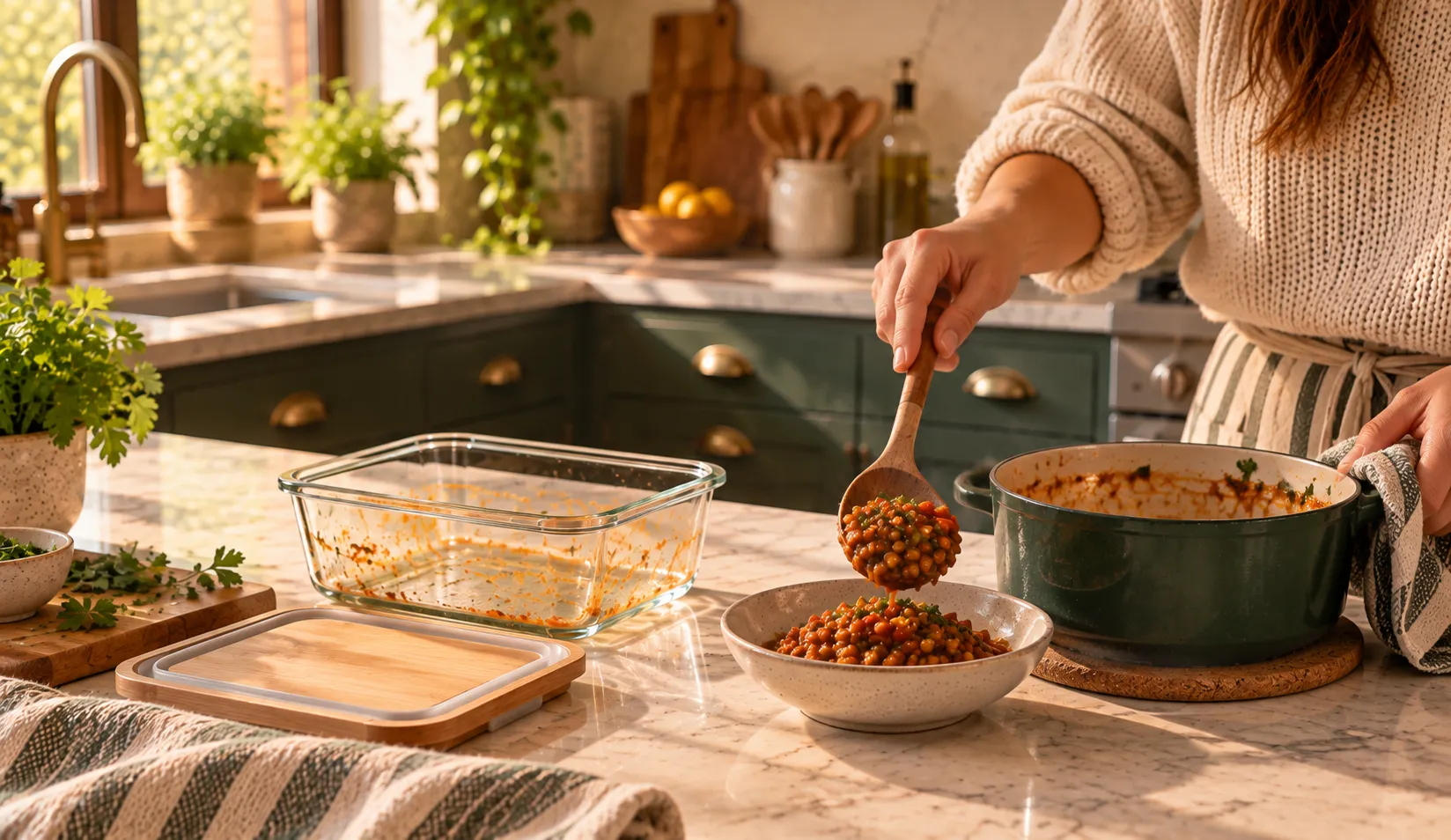 A person serving a hot dish from a pot into a bowl.