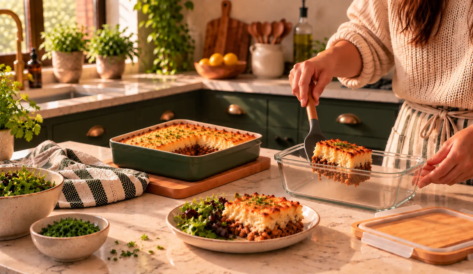 A person placing a portion of baked casserole into a storage container.