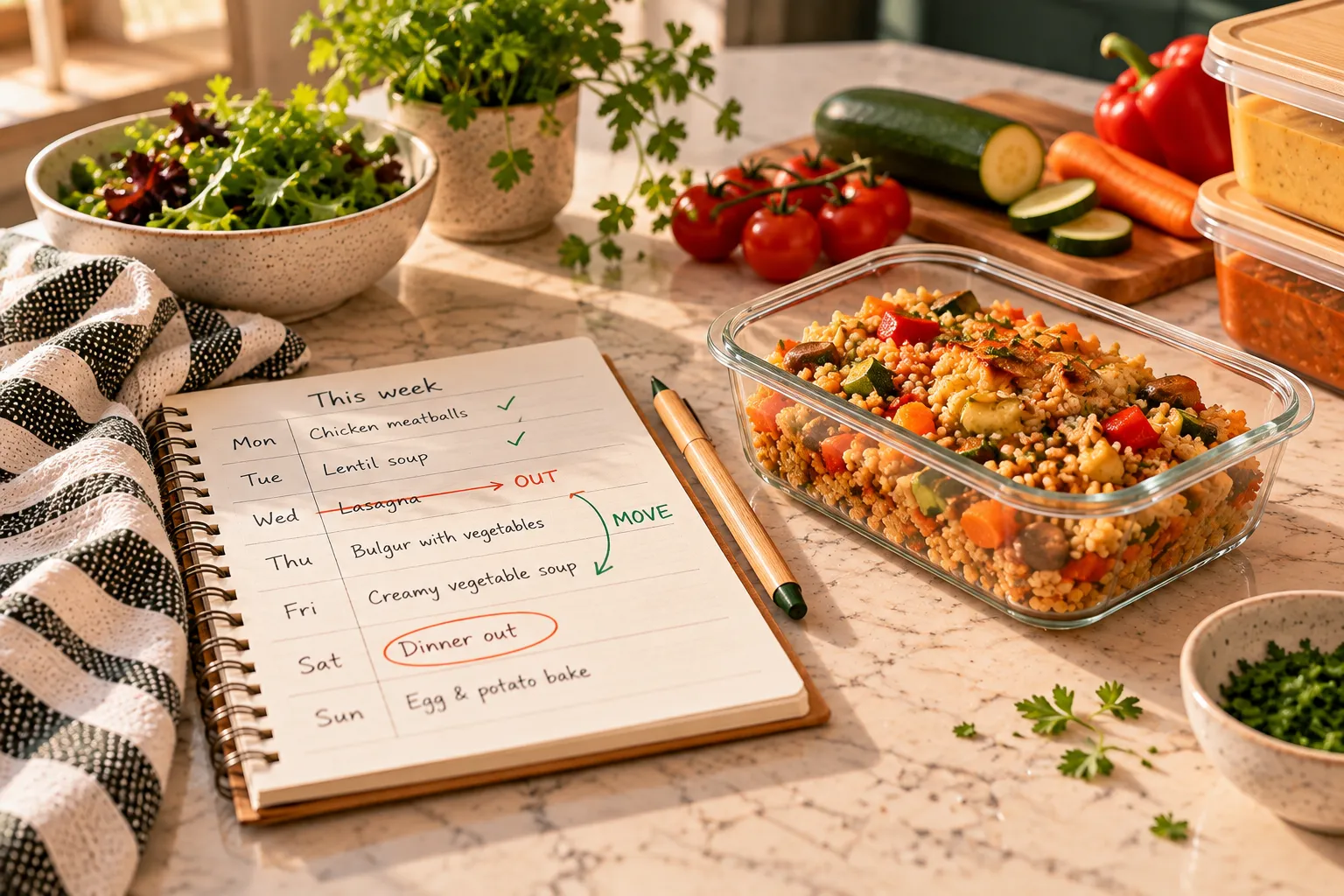 A marked-up meal plan beside a container of prepared food.