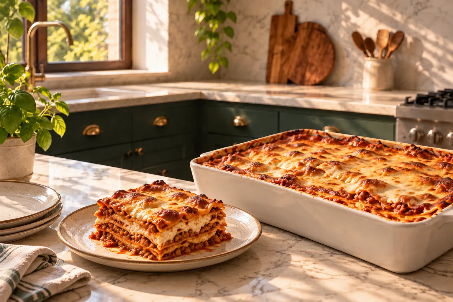 A layered lasagna portion on a plate beside a baking dish.