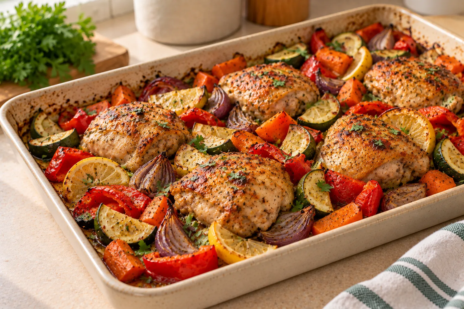 Lemon herb chicken baked with vegetables.