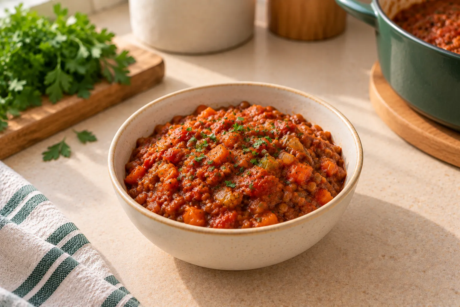 Lentil and tomato bolognese sauce.