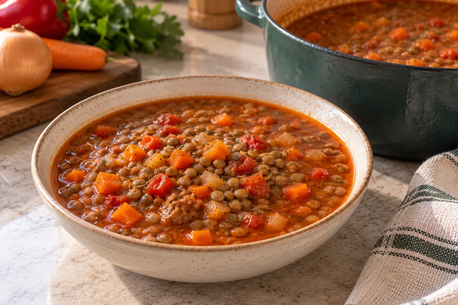 Lentil soup with vegetables and tomatoes.