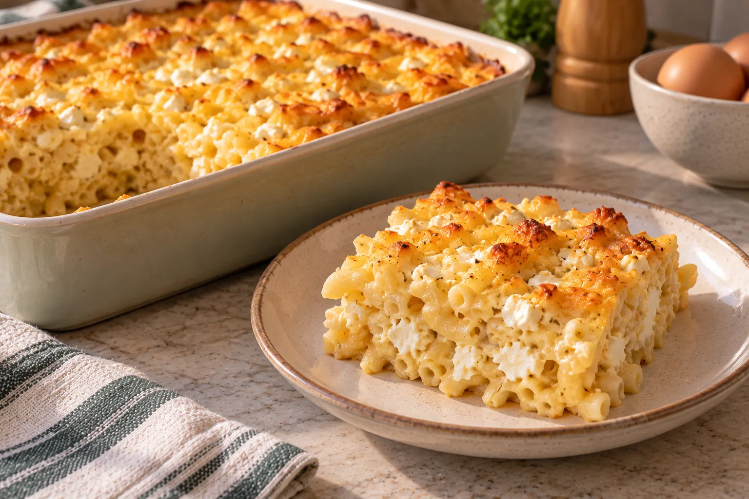 Baked macaroni with feta and eggs.