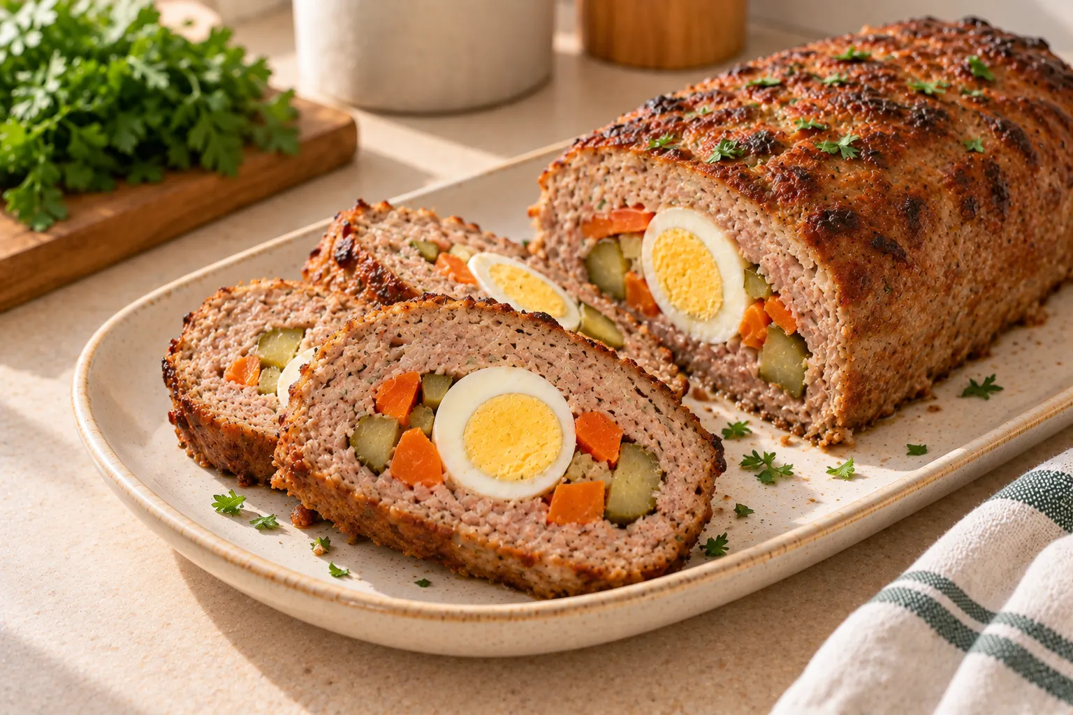 Baked meatloaf with egg and vegetable filling.