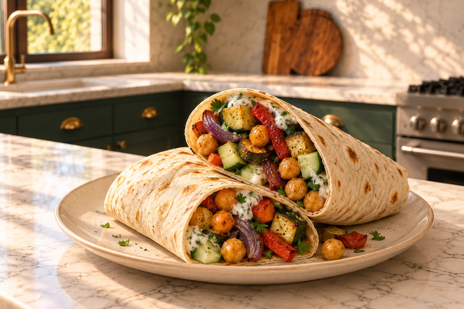 Chickpea and roasted vegetable wraps with yogurt sauce.