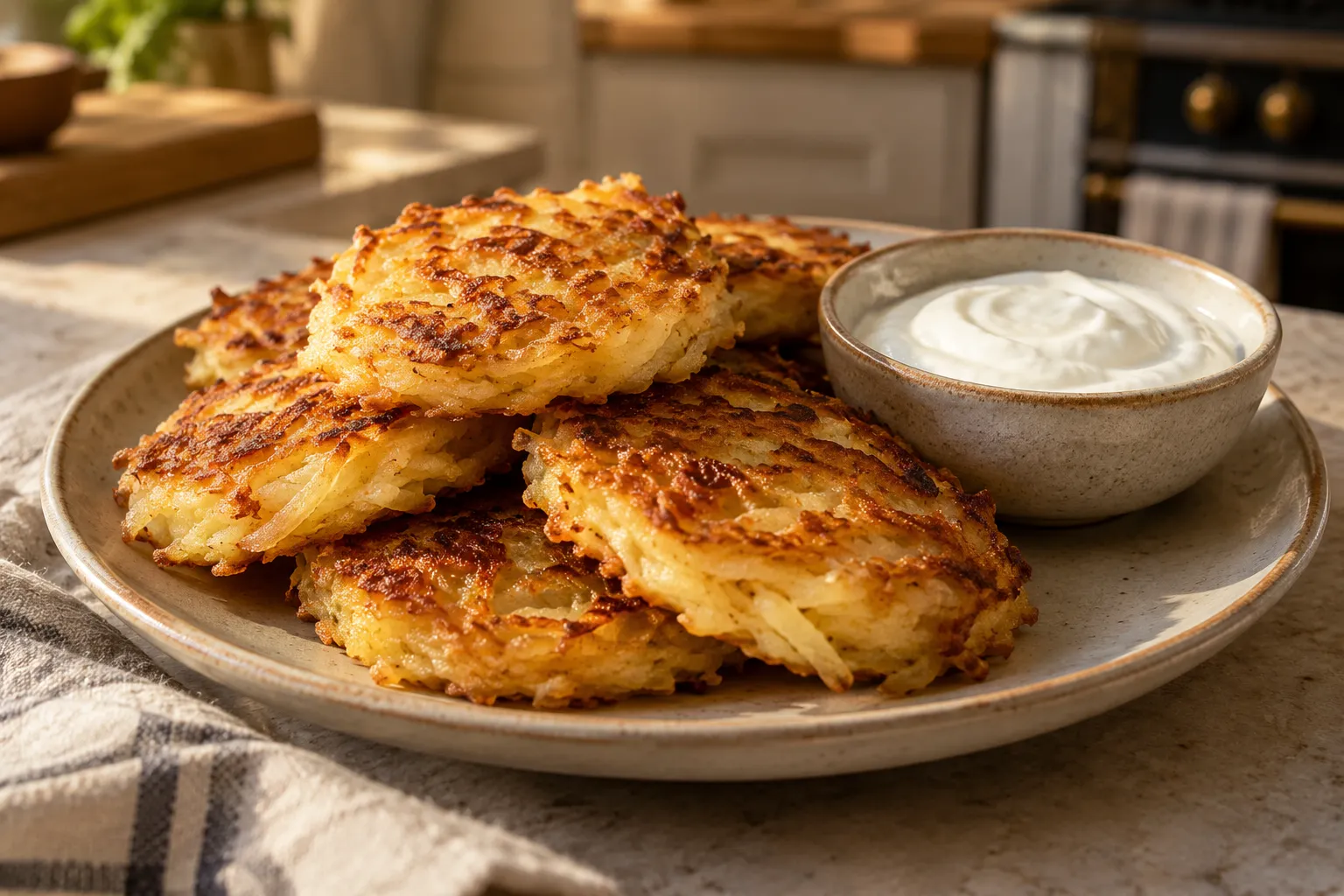 Golden potato cakes on a plate beside a bowl of yogurt.