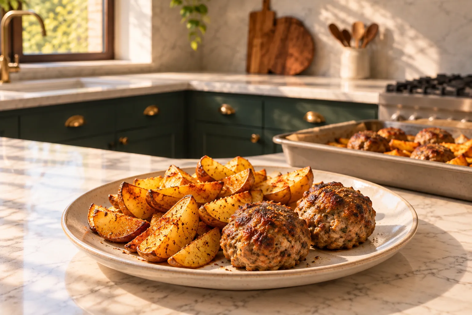 Baked meatballs and potato wedges on a plate.