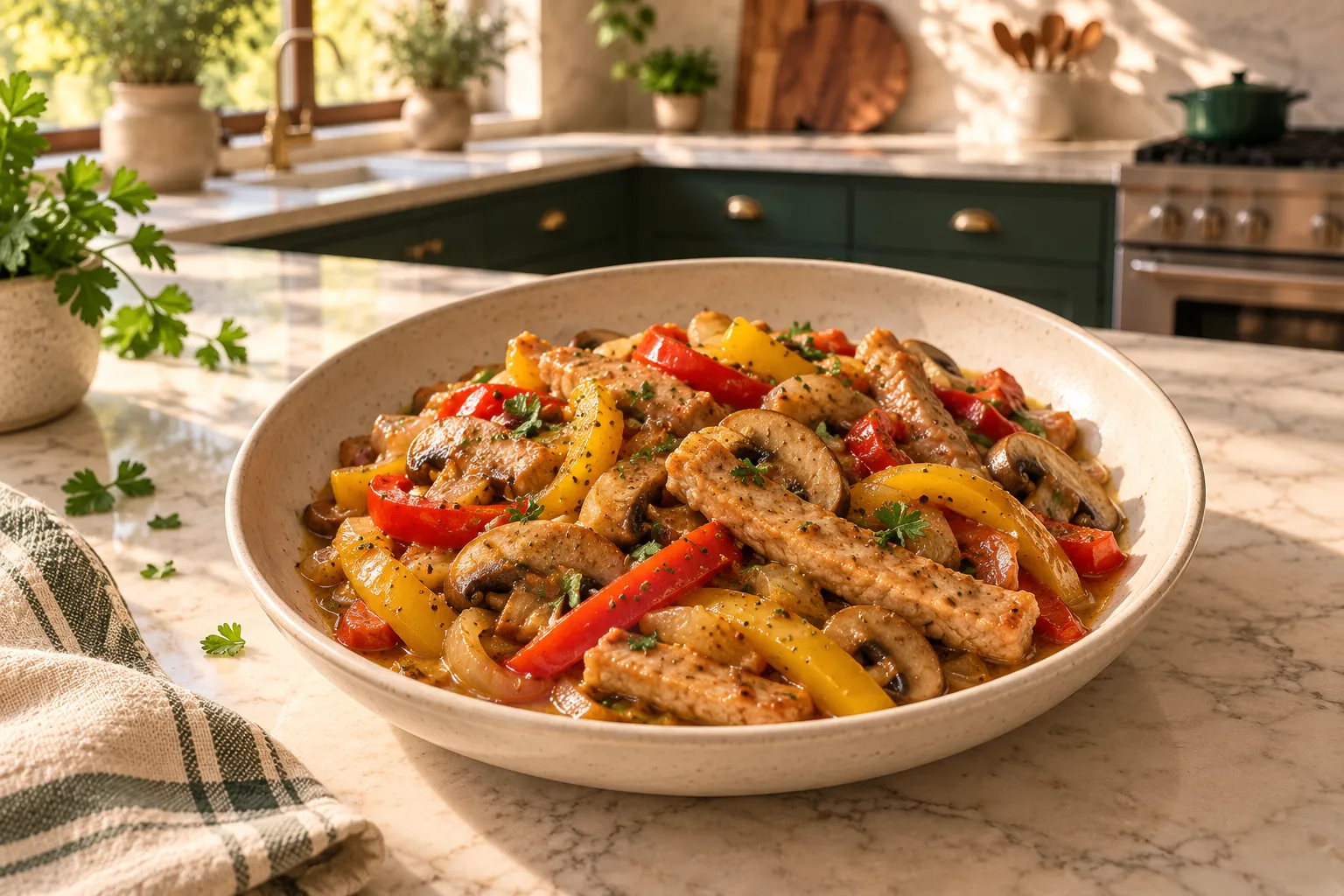 Pork and peppers cooked in a skillet.