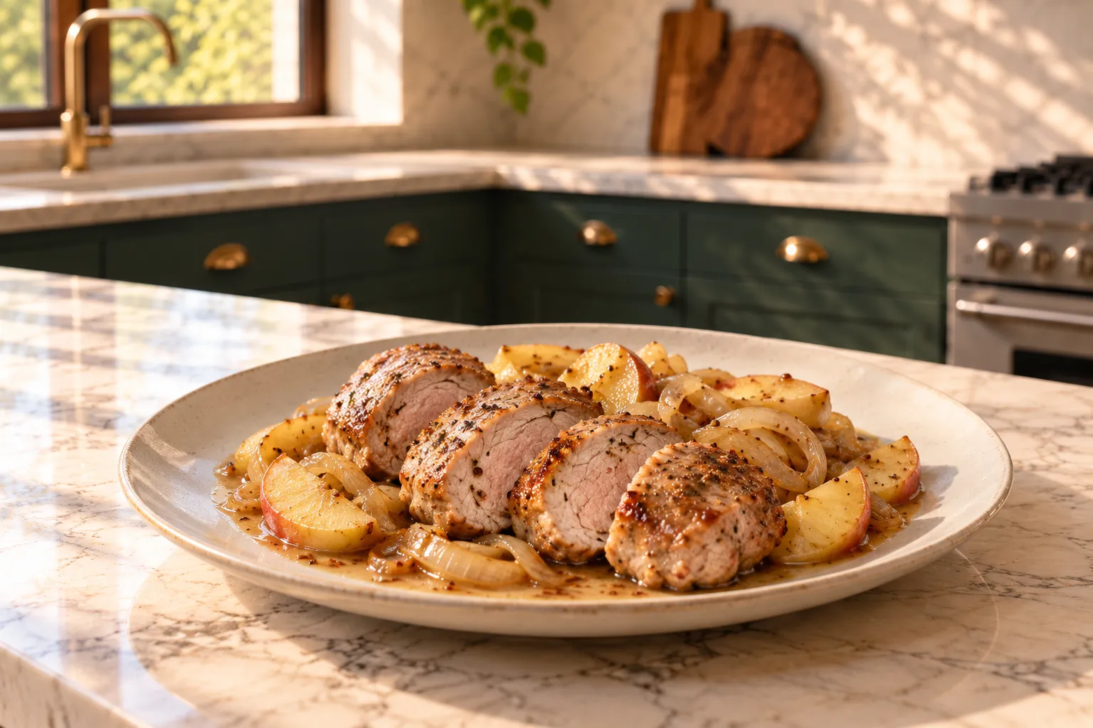 Pork tenderloin with apples and onions.