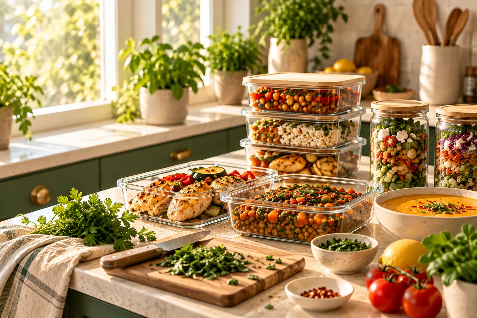 Prepared meals and fresh ingredients arranged on a kitchen counter.
