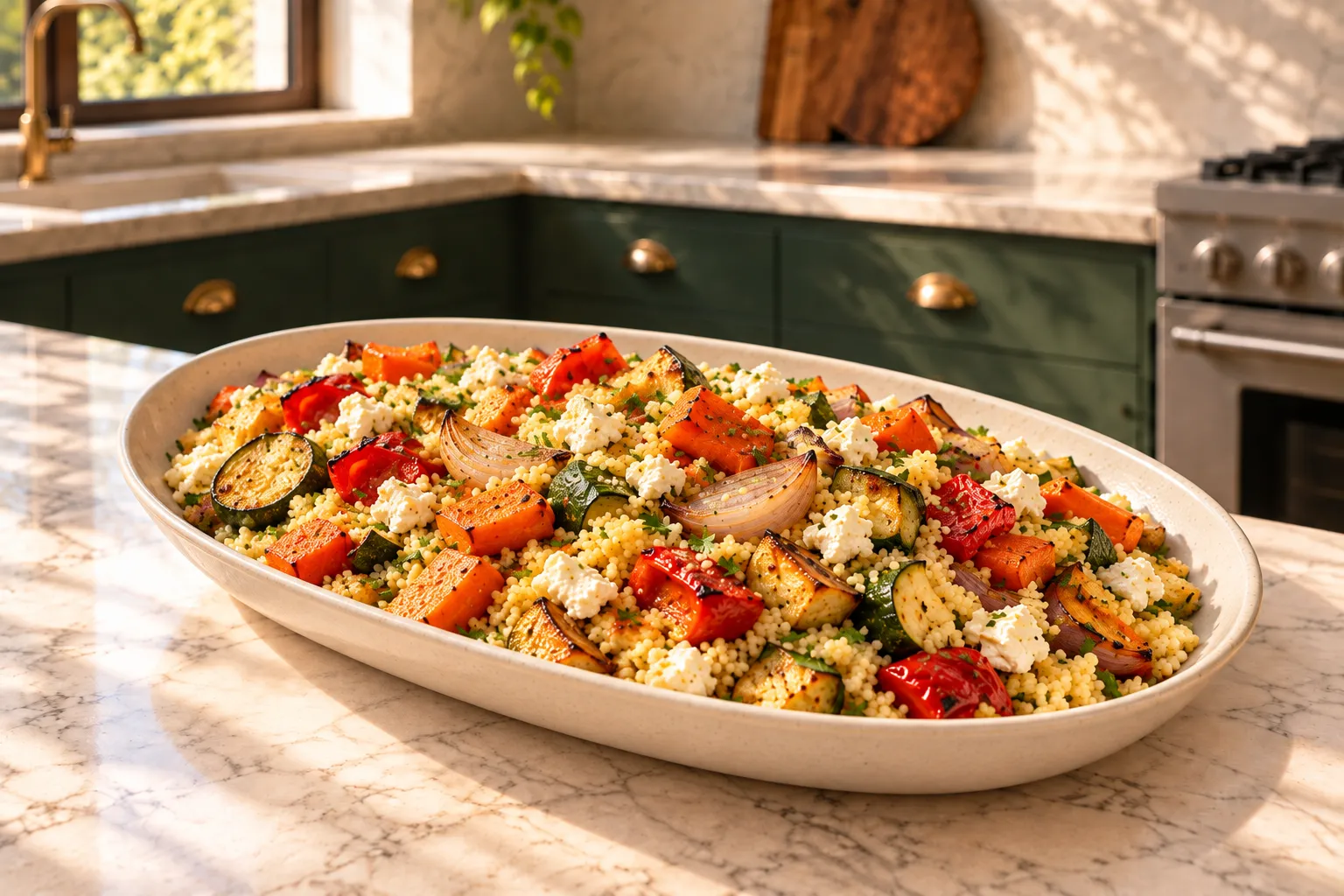 Couscous with roasted vegetables and feta.
