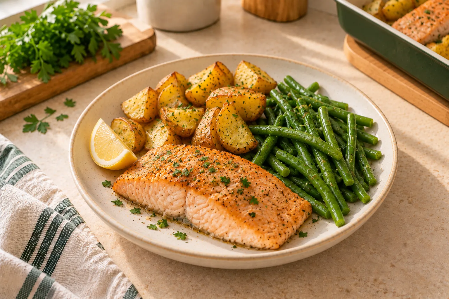 Salmon with potatoes and green beans.