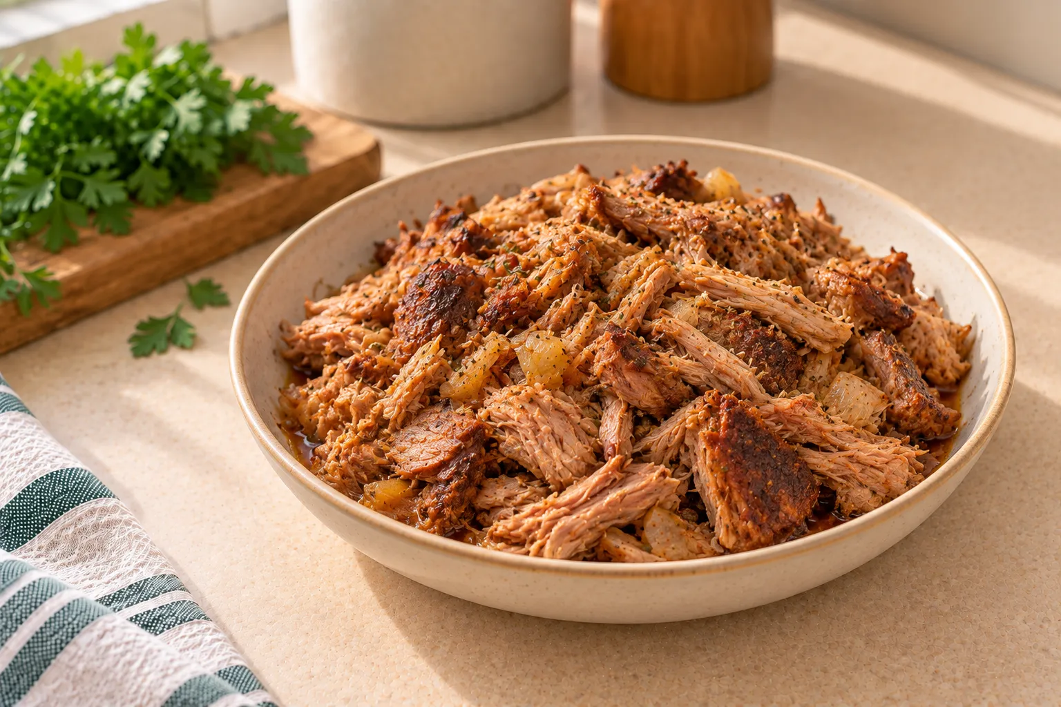 Slow-cooked shredded pork.