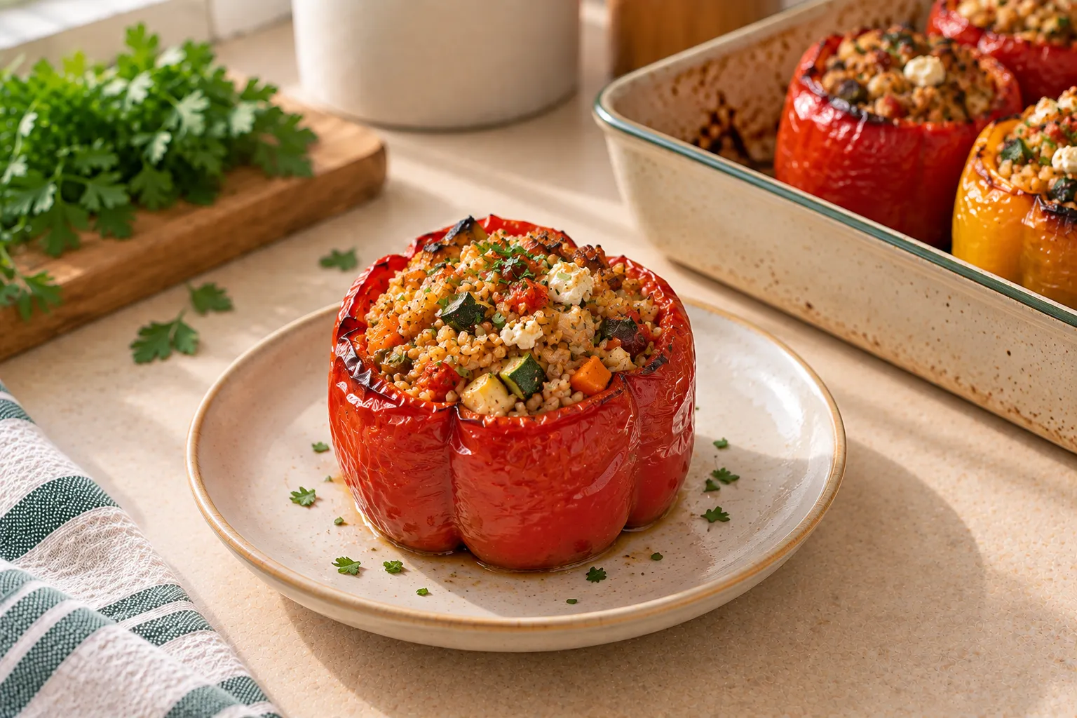 Peppers stuffed with bulgur, vegetables and feta.
