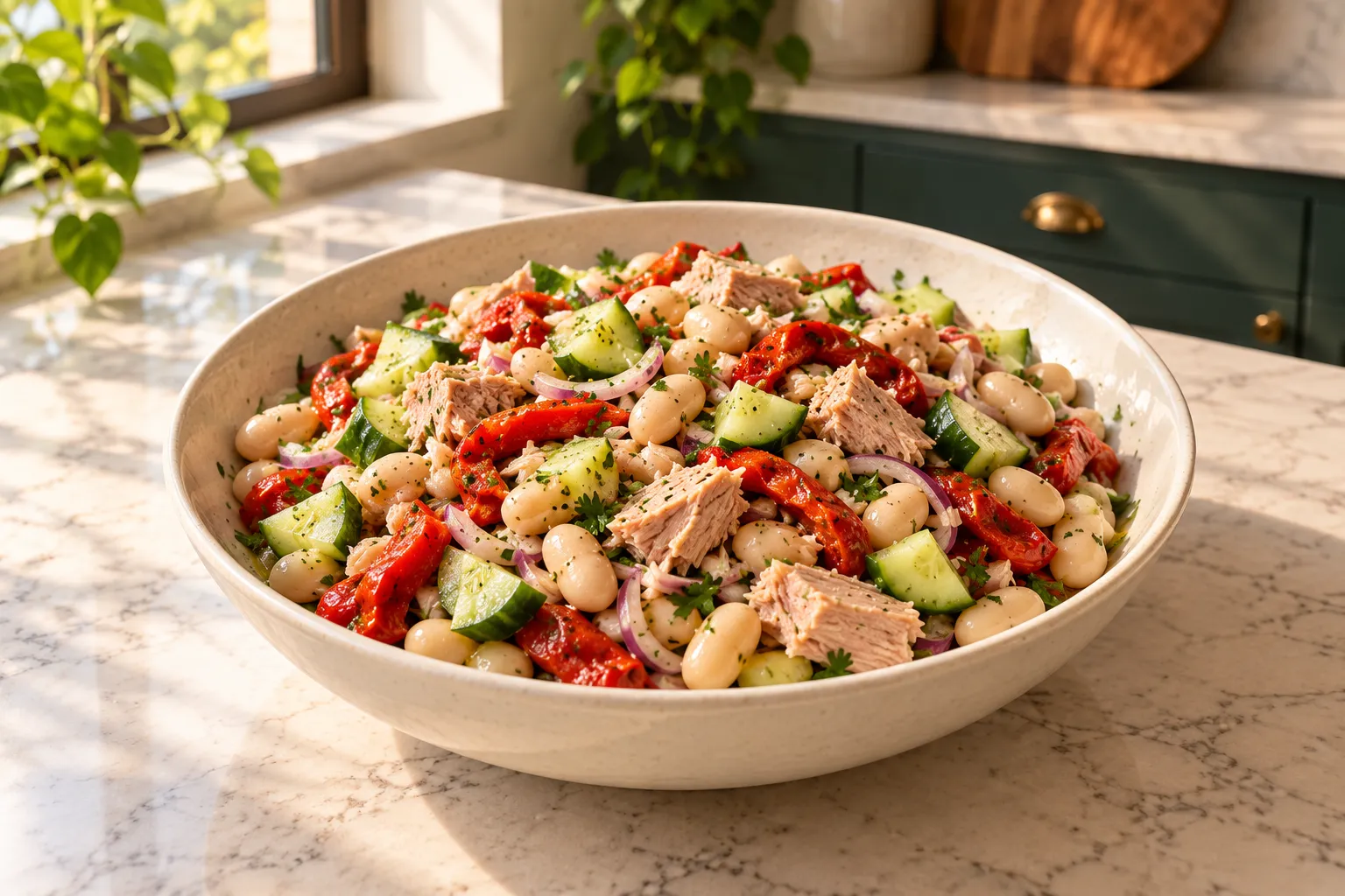 Tuna and white bean salad with roasted peppers and cucumber.
