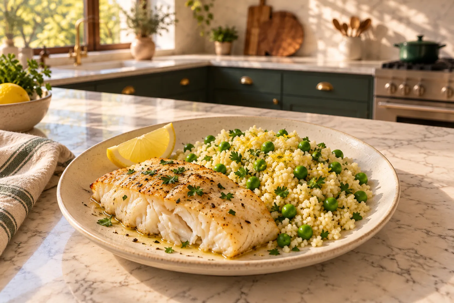 White fish with lemon couscous and peas.